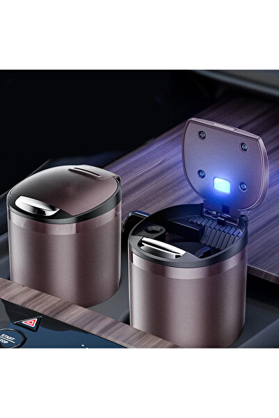 BsElektronik Premium Tasarım Tek Tuş ile Açılır ve LED Işıklı Küllük Kahve Ta...