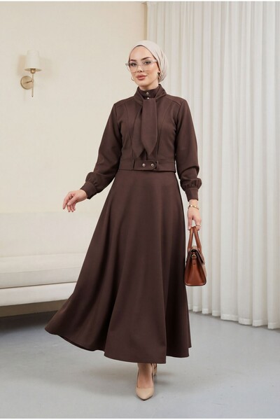 Modamorfo Διαγώνιο Σετ με Κρυφά Κουμπιά, Λεπτομέρεια Φουλάρι και Φούστα - καφέ