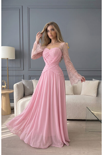 Gardenia Fashion Elegant chiffon dress with lace sleeves