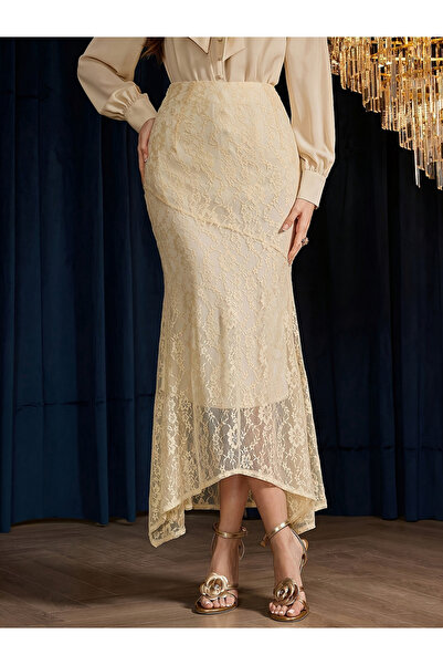 Take Two By Styli Yellow Lace Embroidered Midi Skirt