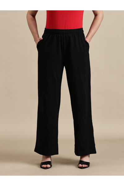 ECOLORE By Styli Black Solid Cotton Straight Fit Pants