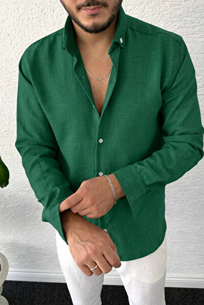tetramoda Σμαραγδί Πουκάμισο από Λινό με Ζάρες