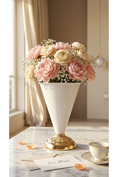 Decodelight Modern Dekoratif Desenli Gold Ayaklı Beyaz Konik Vazo Masa Üstü A...