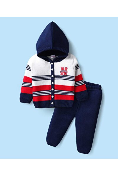 Babyhug Knitted Hooded Sweater and Pants Set with Striped Design - Navy Blue,...