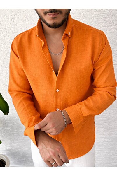 tetramoda Πορτοκαλί Πουκάμισο από Λινό Ύφασμα με Ζάρες