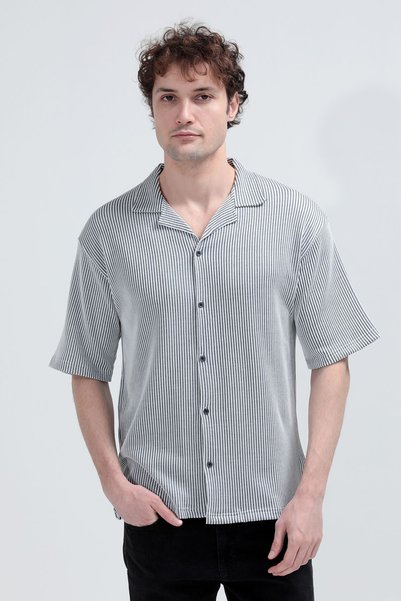 JB John Borners Men's Apaş Collar Short Sleeve Buttoned Shirt Navy Blue - 26Y 1001