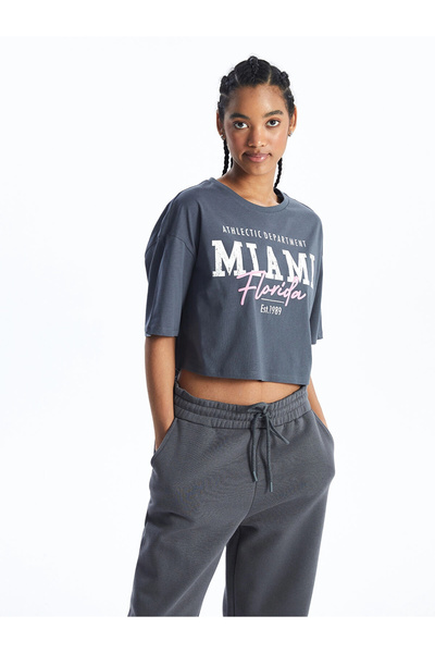 LC Waikiki XSIDE Ανθρακί Κοντομάνικο Μπλουζάκι με Στάμπα και Λαιμόκοψη Ποδηλά...