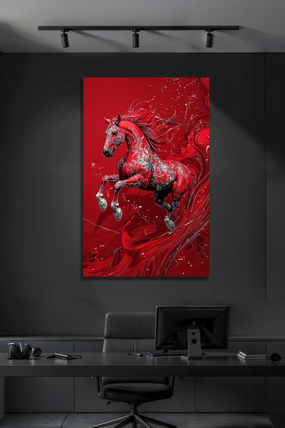 B&G DESIGN Modern Kırmızı Şahlanan At Figürlü Dekoratif Cam Tablo Temperli Lü...