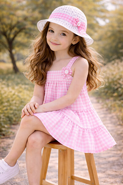 WE AND ME Κοριτσίστικο καλοκαιρινό φόρεμα από βαμβάκι με καρό καπέλο