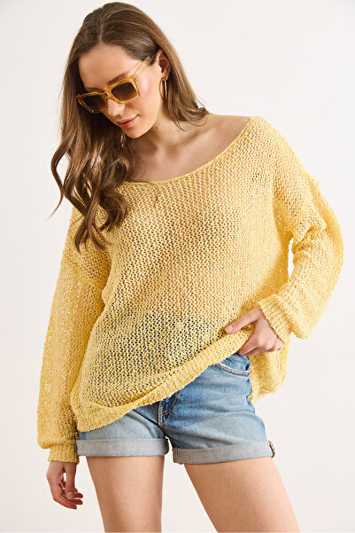 Olalook Women's Yellow Wide Collar Openwork Loose Fit Knitwear Blouse Blz-190...