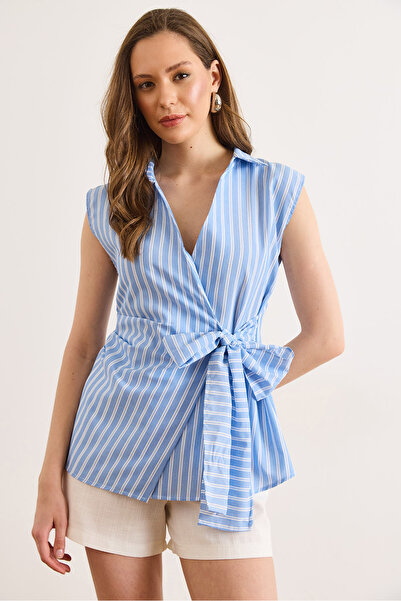 Olalook Γυναικεία μπλούζα μπλε και λευκή με λεπτομέρεια δεσίματος στο πλάι κα...