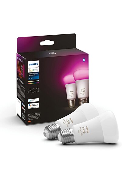 Philips Hue White & Colour Ambiance E27 Smart Bulb (2 Pack), 800 Lumens, 16 M...