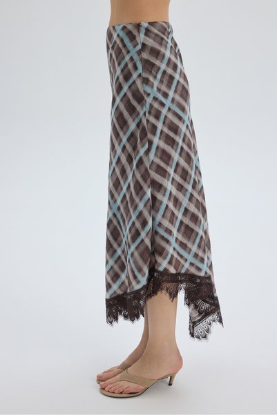MAI STUDIOS CO. Maffy Lace Detail Plaid Blue Midi Skirt