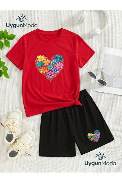 UygunModa Flower Heart Printed T-Shirt Shorts Summer Children's Set