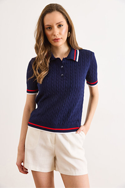 Olalook Women's Navy Blue Polo Collar Hair Knit Line Detailed Thin Knitwear B...