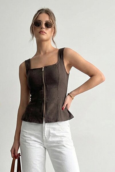 VAGGON Τζιν μπλούζα με τετράγωνο γιακά και φερμουάρ