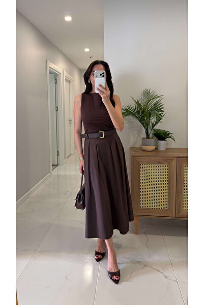 BİRCANÇİL Astnas Kahve Πλισέ Φούστα με Ζώνη