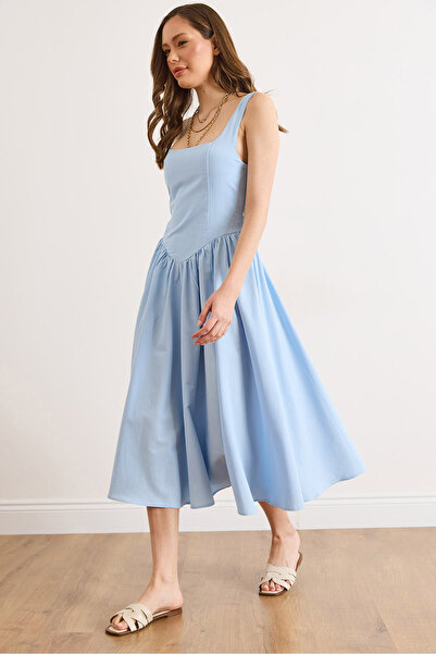 Olalook Γυναικείο μπλε υφαντό φόρεμα μίντι με λεπτομέρειες στην πλάτη ELB-190...