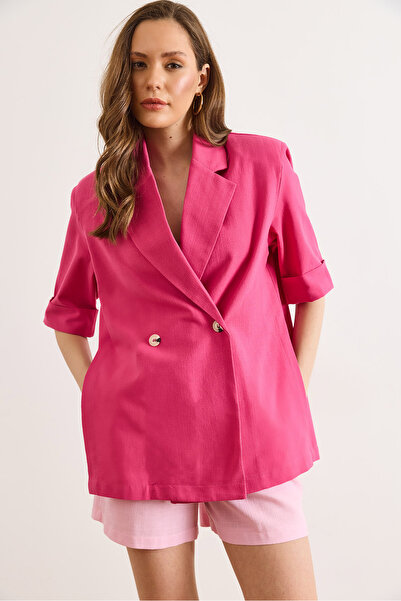 Olalook Γυναικείο φούξια μπλέιζερ από λινό χωρίς επένδυση με σκισίματα στα πλ...