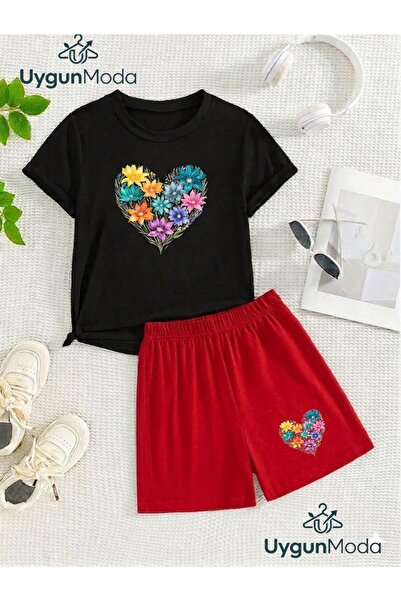 UygunModa Flower Heart Printed T-Shirt Shorts Summer Children's Set