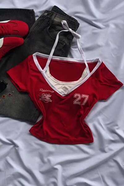 Köstebek Κόκκινο Racing 27 Number Κοντομάνικο Crop με Πρόσθετο Λουράκι Y2K