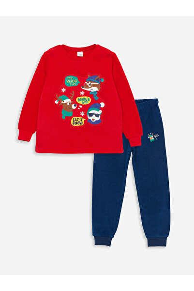 LC Waikiki Set de pijamale pentru băieți, din fleece, cu mânecă lungă, cu gul...