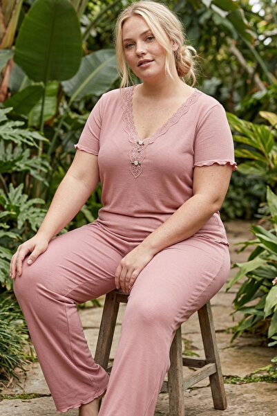 Siyah İnci Σετ πλεκτές πιτζάμες με δαντέλα και κορδόνια, μεγάλο μέγεθος, υπερ...