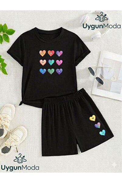 UygunModa Nine Small Heart Printed T-Shirt Shorts Summer Children's Set