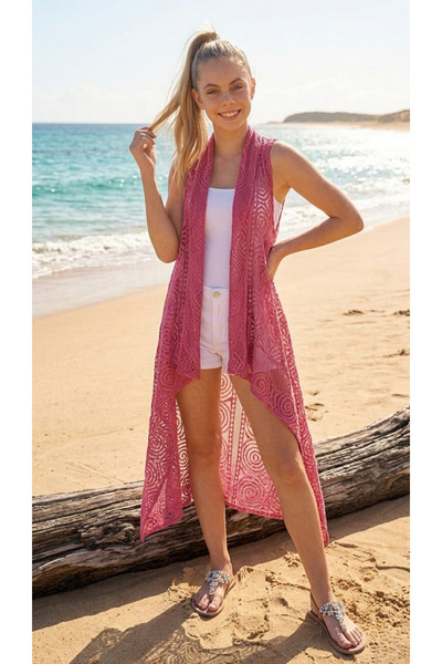 Lesa Wear Γυναικείο δαντελωτό γιλέκο παρεό με φούντες