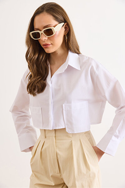Olalook Γυναικείο λευκό υφαντό πουκάμισο με λεπτομέρεια τσέπης GML-19001441