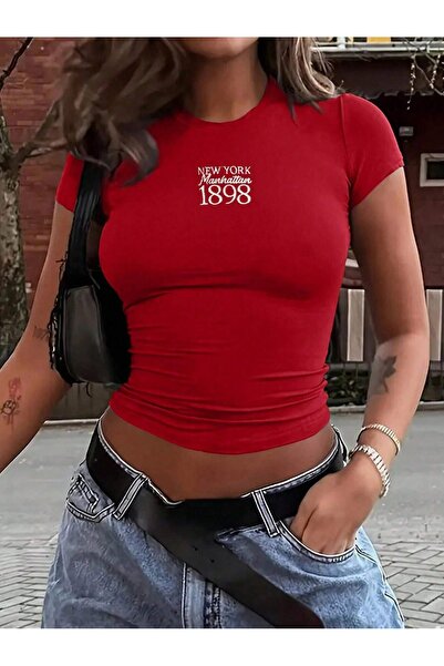 ZAVIXO Γυναικείο μπλουζάκι New York 1898 με καλοκαιρινή στάμπα, στενή εφαρμογ...