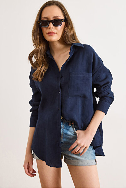 Olalook Women's Navy Blue Oversized Basic Muslin Shirt Gml-19001217
