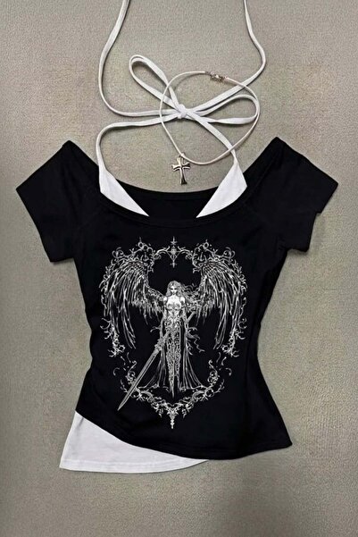 ARS Butik Sword Angel Μαύρη Μπλούζα με Κοντό Μανίκι και Εσωτερικό Μπούστο με ...