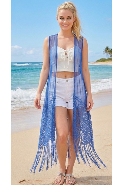 Lesa Wear Γυναικείο δαντελωτό γιλέκο παρεό με φούντες