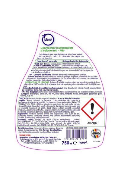 Igienol Solutie dezinfectanta suprafete mici Igienol, lichid fara clor, , parfum mar, 750 ml...