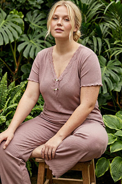 Siyah İnci Βιζόν Δαντελένιο Πλεκτό Σετ Πιτζάμες με Λεπτομέρειες, Μεγάλο Μέγεθ...