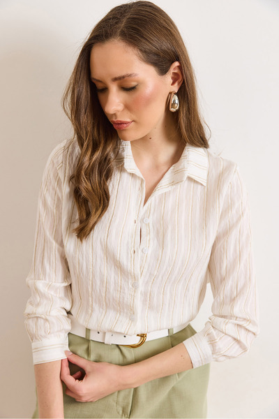 Olalook Γυναικείο πουκάμισο με λευκή υφή, ριγέ με αντίθεση και κανονική εφαρμ...