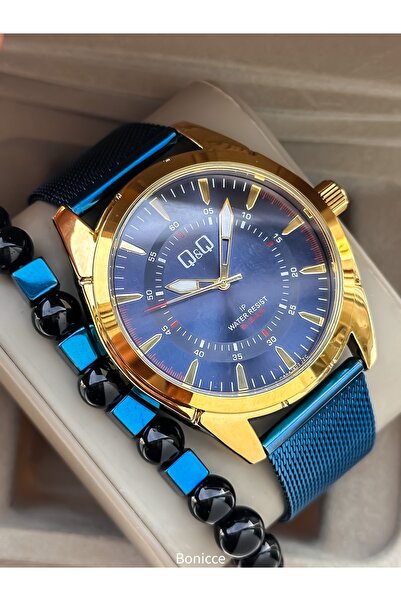 Q&Q Men's Wristwatch, in a Stylish Box, Navy Blue Color Steel Band, 5 Atm Poo...