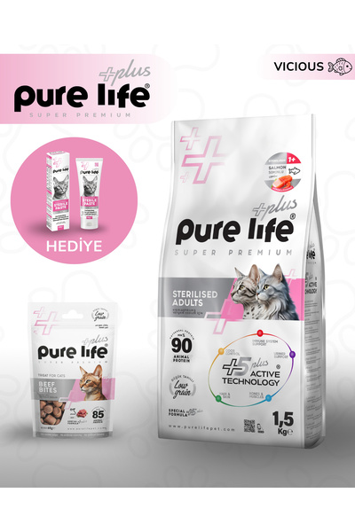 PureLife Pure Life Plus Somonlu Kısır Kedi Maması 1,5 Kg + Paste + Ödül Mamas...