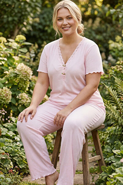 Siyah İnci Ροζ Δαντελένιο Λεπτομερές Πλεκτό Σετ Πιτζάμες Υπέρμεγεθες με Κορδό...