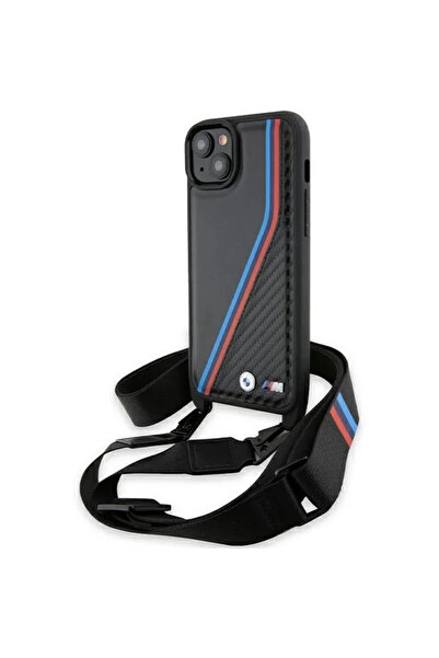 BMW Husă Ediția M cu linii tricolore din carbon și curea pentru iPhone 15 Plu...