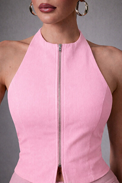 Afri Γυναικεία ροζ μπλούζα με φερμουάρ και λαιμόκοψη από ύφασμα Atlas, κομψή ...