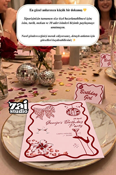 ZaiStudio parti davetiye kart seti (davetiye kartı+kişiye özel masa isimlik) ...