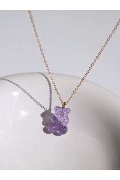 Reorah Collection Purple Glittery Teddy Bear Necklace