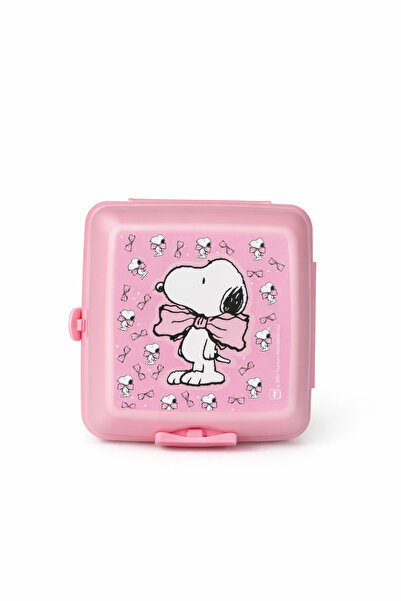 SNOOPY Lisanslı Çatal Kaşıklı Beslenme Kabı - Pembe Desenli Kilitli Saklama K...