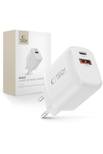 Tech-Protect ГЋncДѓrcДѓtor de reИ›ea NCA20 cu 2 porturi, PD 20W / QC3.0, alb