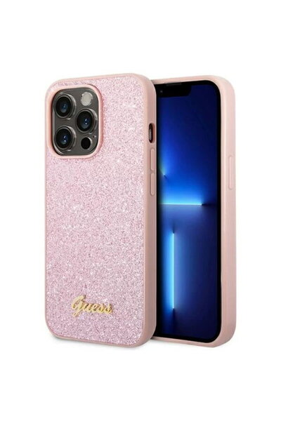 Guess Husa Glitter TPU Flakes Script Metal Logo iPhone 14 Pro Max Pink