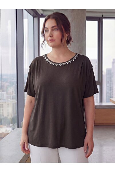 RMG Yaka Stone-Embellished Large Size T-Shirt Coffee