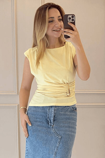 BeeYouStudio Gold Detailed Shoulder Padded Draped Blouse / Yellow