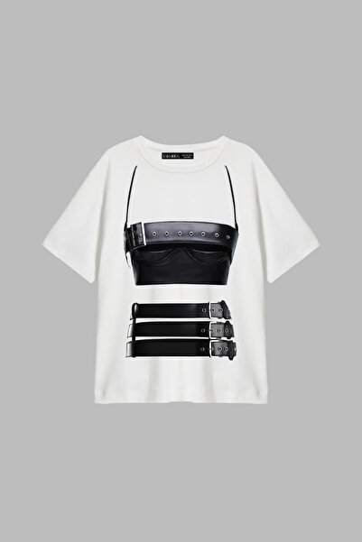 CİNEMA MODA Δερμάτινη Φούστα με Στάμπα, Άνετη Γραμμή, Λευκό Γυναικείο Μπλουζάκι